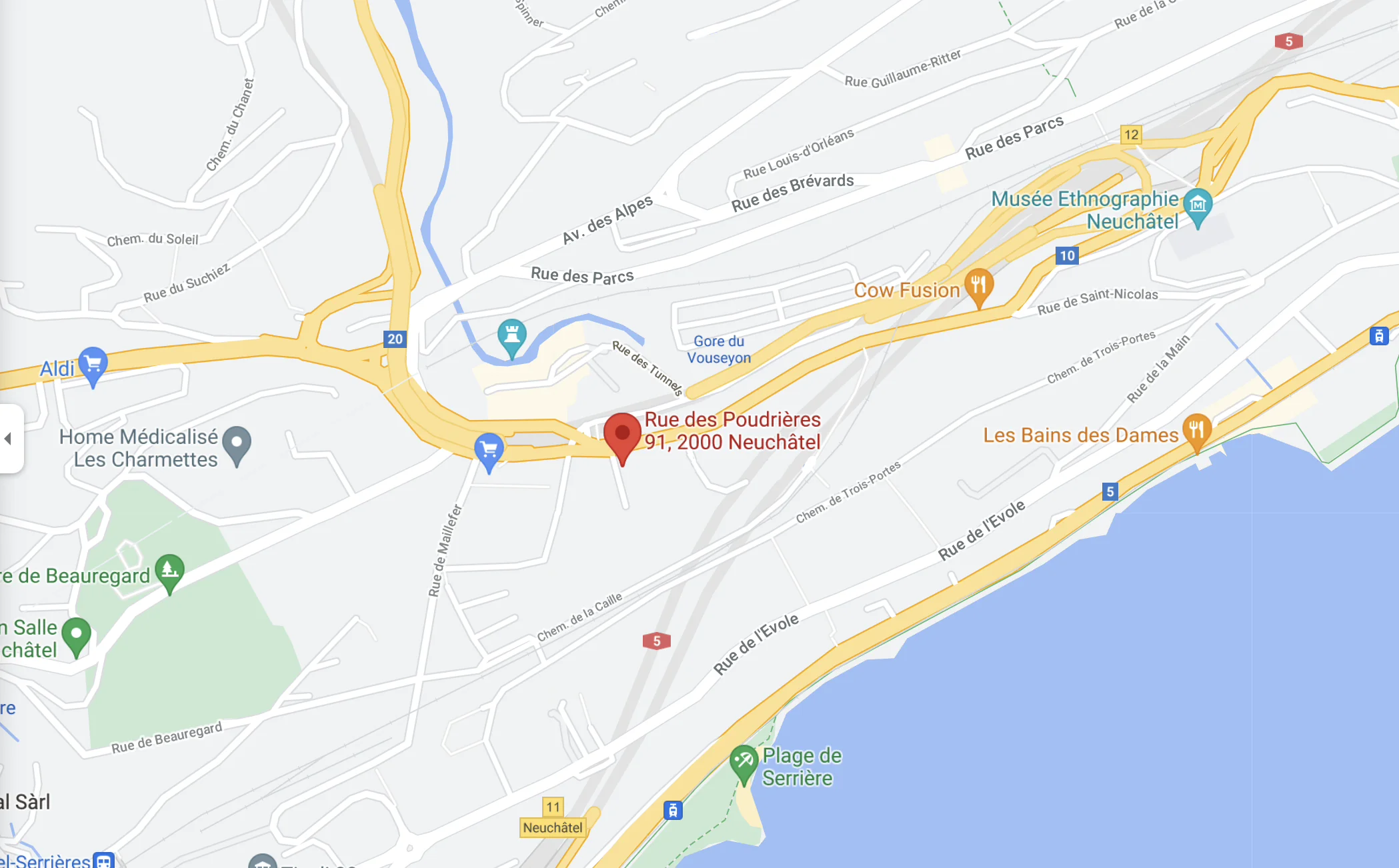 Capture d’écran 2021-08-23 à 14.57.00 Plan d'accès au cabinet Théia Kinésiologie, Rue des Poudrières 91, 2000 Neuchâtel
